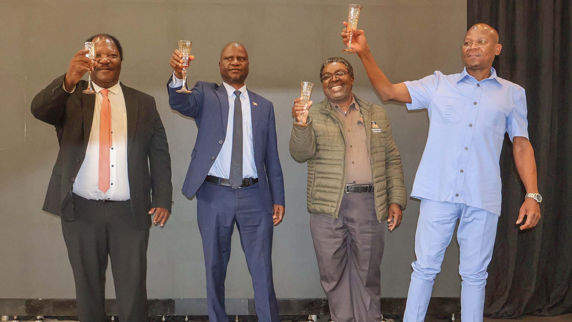 Minister for Agriculture Mandla Tshawuka (2nd L) toasting to NMC’s 40 years of existence with (L-R) NMC Board Chair Patrick Myeni, PS in the Ministry of Agriculture Sydney Simelane and NMC CEO Mavela Vilane during the NMC Farmers Awards.